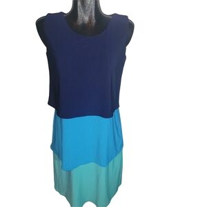 Nina Leonard Shades Of Blue Colorblock Sleeveless Tiered Midi Dress M
